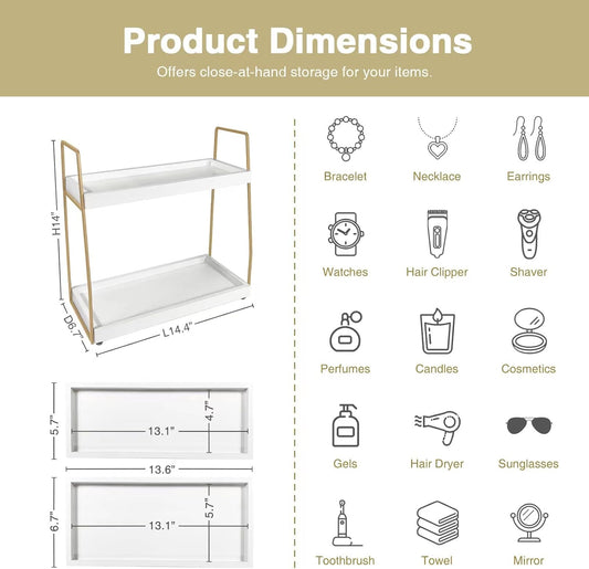 Bathroom Organizer Countertop, Counter Organizer for Bathroom Decor, Wooden Sink Shelf for Vanity Storage, Makeup Tray for Perfume Skincare Bedroom Kitchen Corner (2 Tier, White and Gold)