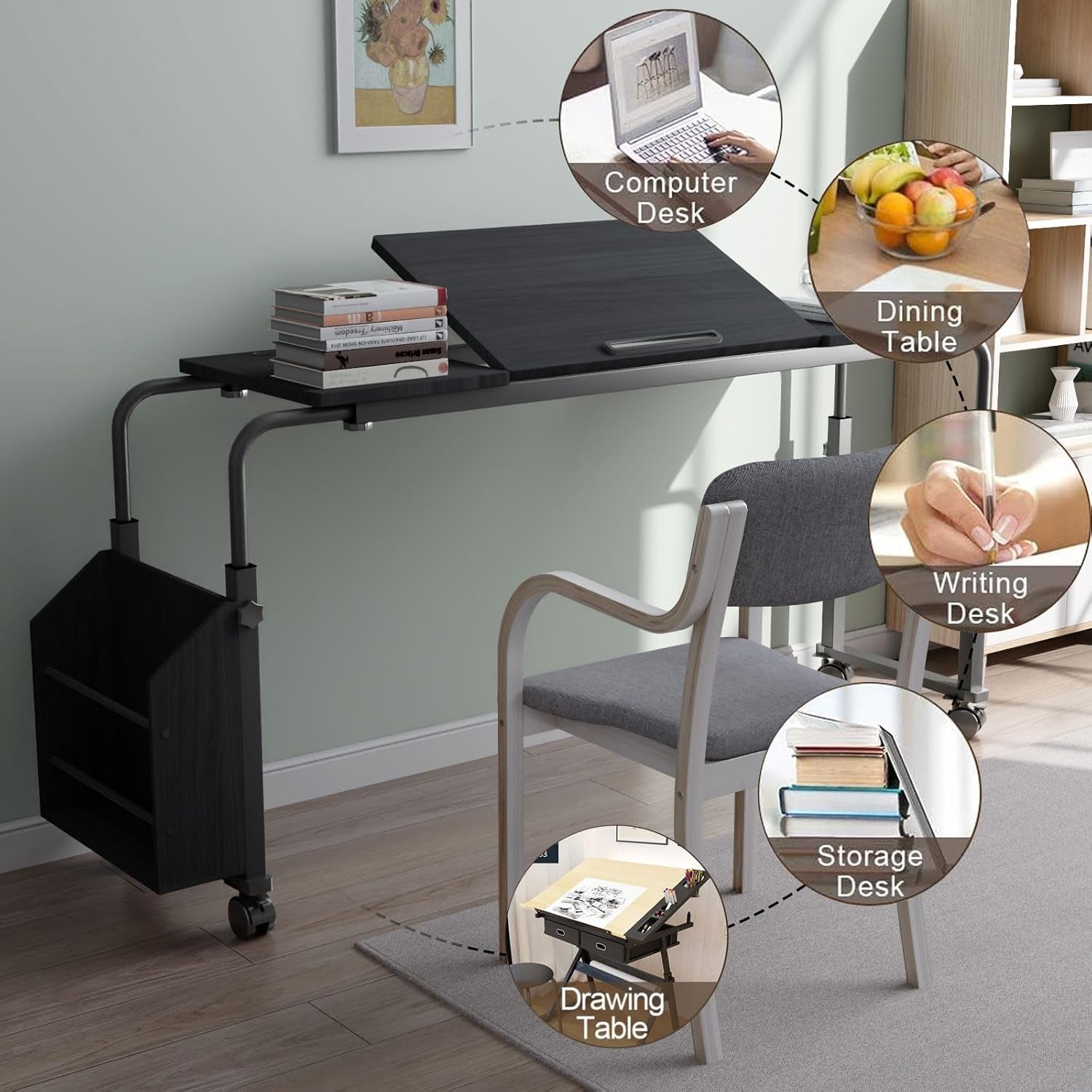 47.2 * 15.7 Inch Overbed Table with Wheels over Bed Table with Adjustable Tilt Desktop, Adjustable Overbed Table, Tilt Overbed Table with Storage, Home and Hospital Bed Use（Black）