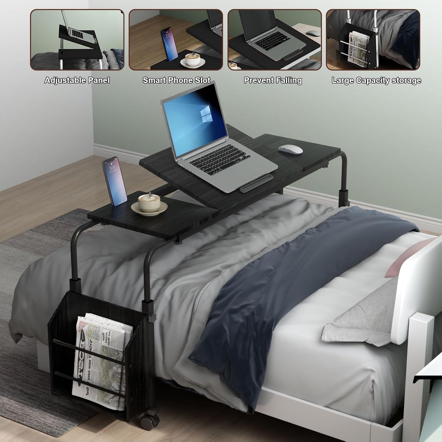 47.2 * 15.7 Inch Overbed Table with Wheels over Bed Table with Adjustable Tilt Desktop, Adjustable Overbed Table, Tilt Overbed Table with Storage, Home and Hospital Bed Use（Black）