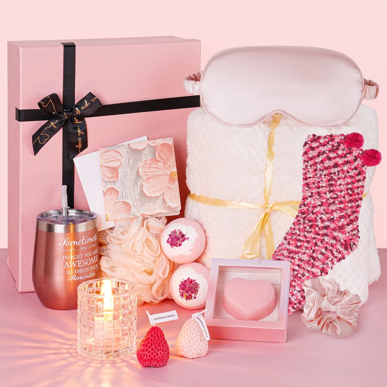 Get Well Soon Gift Basket for Women, Care Package with Cozy Blanket, Eye Mask, Socks, Candles, Bath Salts, Soap, Egg Cup Set & Greeting Card