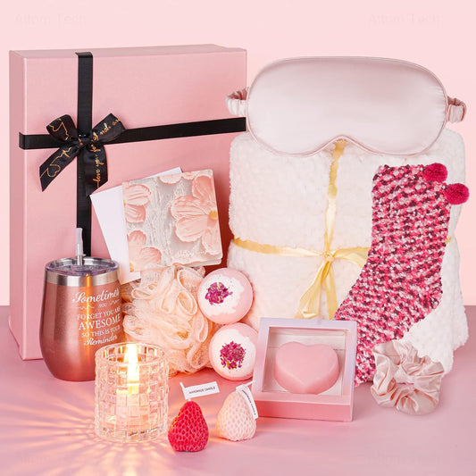 Get Well Soon Gift Basket for Women, Care Package with Cozy Blanket, Eye Mask, Socks, Candles, Bath Salts, Soap, Egg Cup Set & Greeting Card