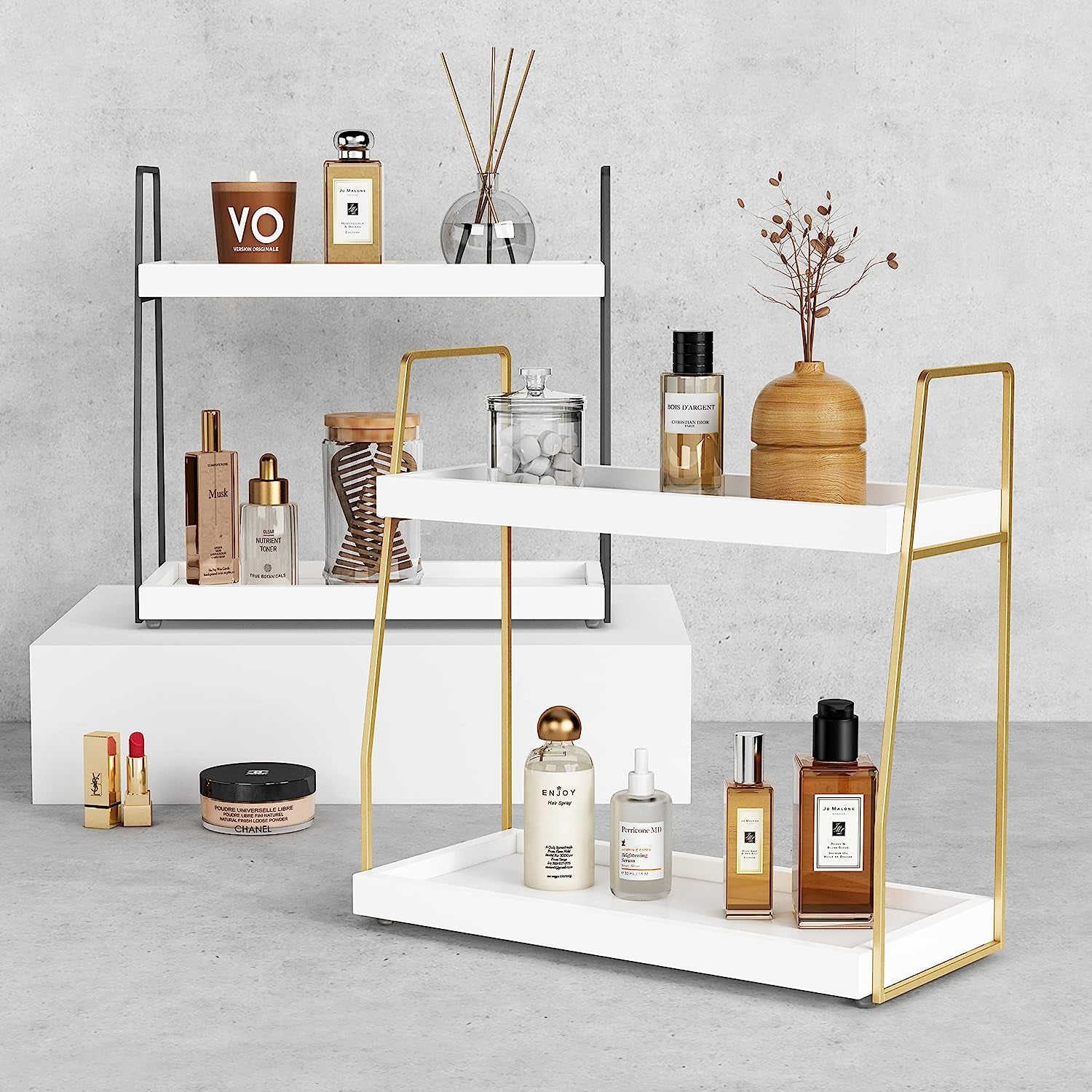 Bathroom Organizer Countertop, Counter Organizer for Bathroom Decor, Wooden Sink Shelf for Vanity Storage, Makeup Tray for Perfume Skincare Bedroom Kitchen Corner (2 Tier, White and Gold)