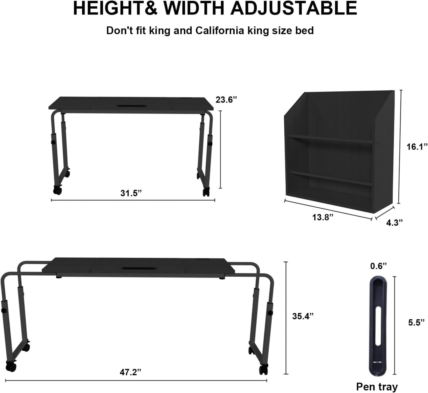 47.2 * 15.7 Inch Overbed Table with Wheels over Bed Table with Adjustable Tilt Desktop, Adjustable Overbed Table, Tilt Overbed Table with Storage, Home and Hospital Bed Use（Black）