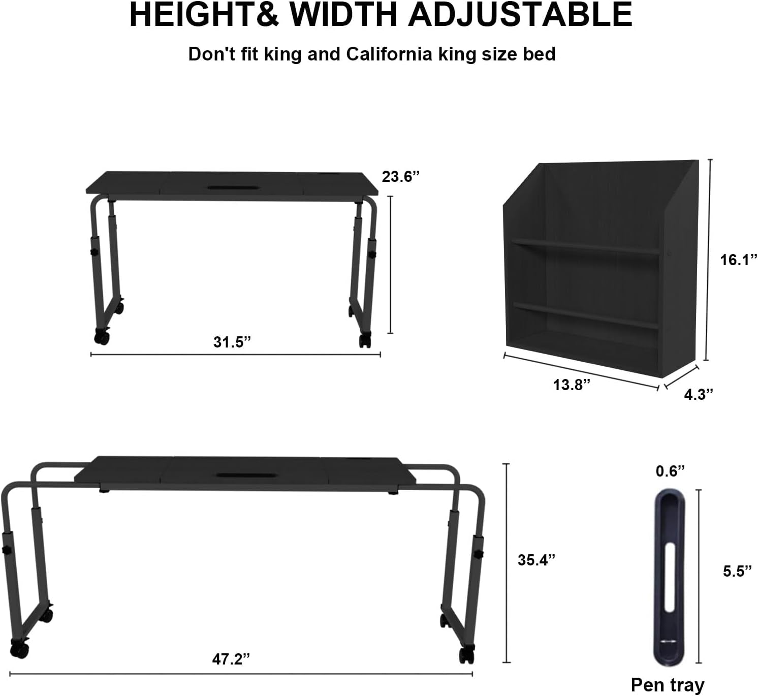 47.2 * 15.7 Inch Overbed Table with Wheels over Bed Table with Adjustable Tilt Desktop, Adjustable Overbed Table, Tilt Overbed Table with Storage, Home and Hospital Bed Use（Black）