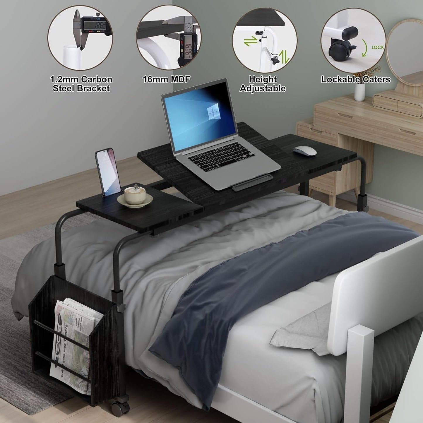 47.2 * 15.7 Inch Overbed Table with Wheels over Bed Table with Adjustable Tilt Desktop, Adjustable Overbed Table, Tilt Overbed Table with Storage, Home and Hospital Bed Use（Black）