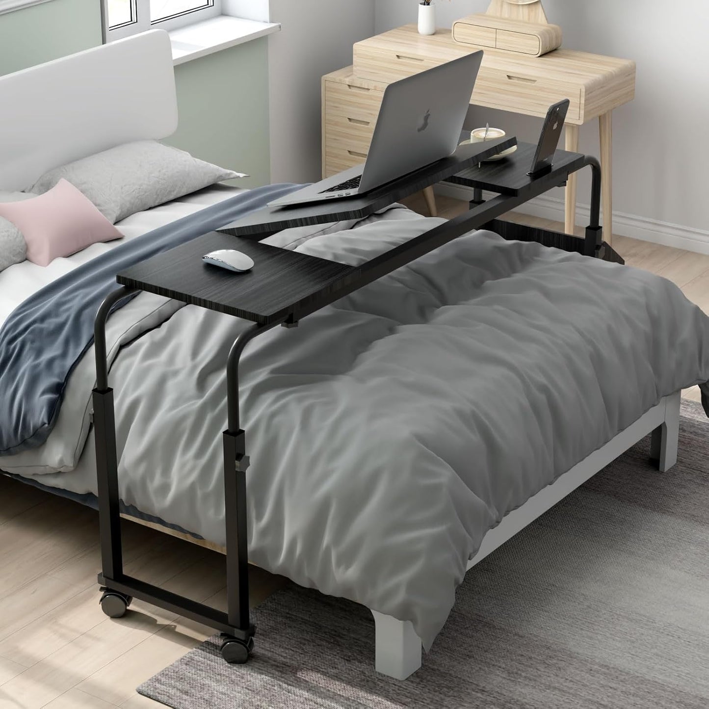 47.2 * 15.7 Inch Overbed Table with Wheels over Bed Table with Adjustable Tilt Desktop, Adjustable Overbed Table, Tilt Overbed Table with Storage, Home and Hospital Bed Use（Black）