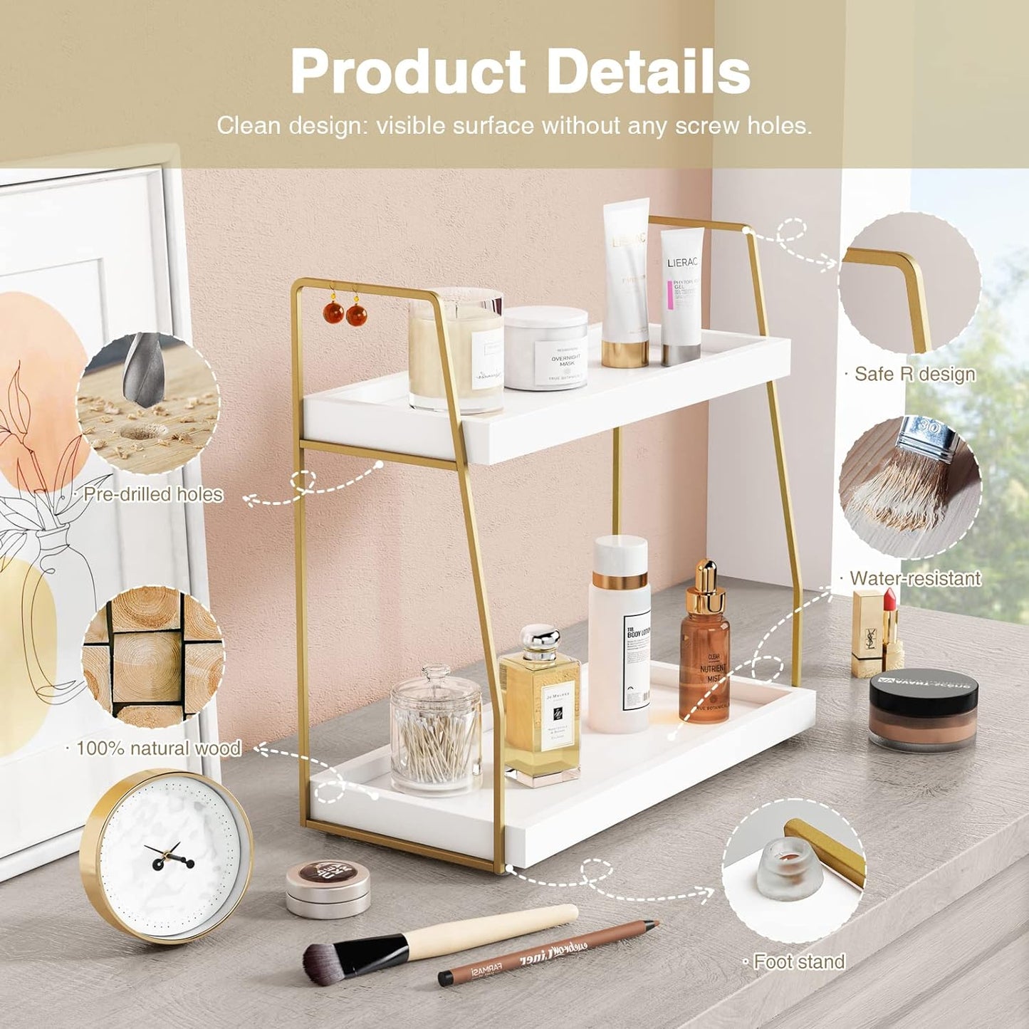 Bathroom Organizer Countertop, Counter Organizer for Bathroom Decor, Wooden Sink Shelf for Vanity Storage, Makeup Tray for Perfume Skincare Bedroom Kitchen Corner (2 Tier, White and Gold)