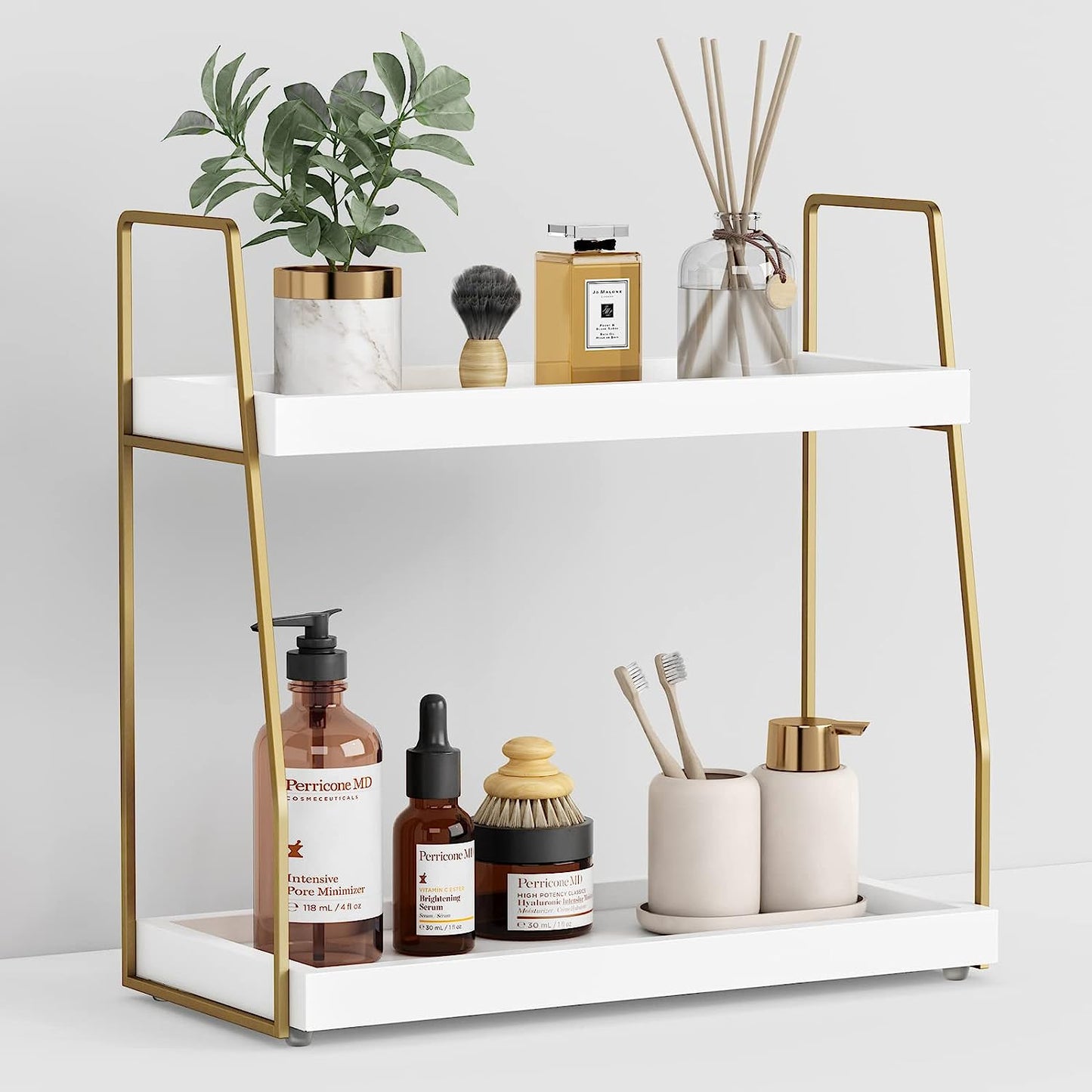 Bathroom Organizer Countertop, Counter Organizer for Bathroom Decor, Wooden Sink Shelf for Vanity Storage, Makeup Tray for Perfume Skincare Bedroom Kitchen Corner (2 Tier, White and Gold)