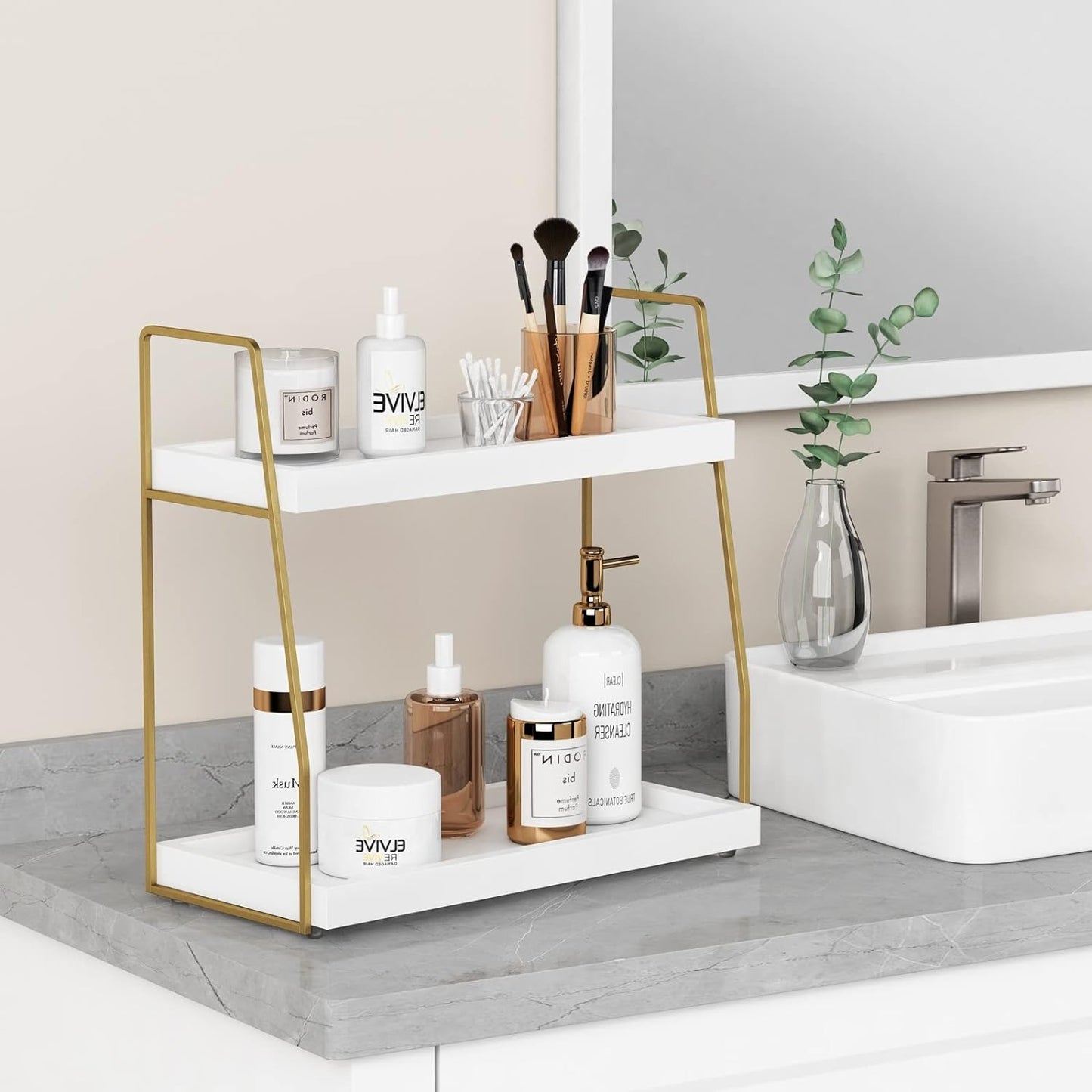 Bathroom Organizer Countertop, Counter Organizer for Bathroom Decor, Wooden Sink Shelf for Vanity Storage, Makeup Tray for Perfume Skincare Bedroom Kitchen Corner (2 Tier, White and Gold)