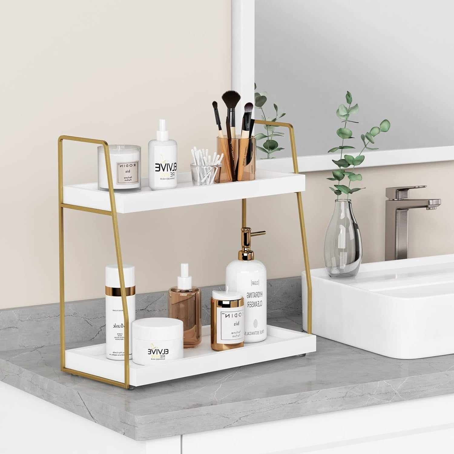 Bathroom Organizer Countertop, Counter Organizer for Bathroom Decor, Wooden Sink Shelf for Vanity Storage, Makeup Tray for Perfume Skincare Bedroom Kitchen Corner (2 Tier, White and Gold)